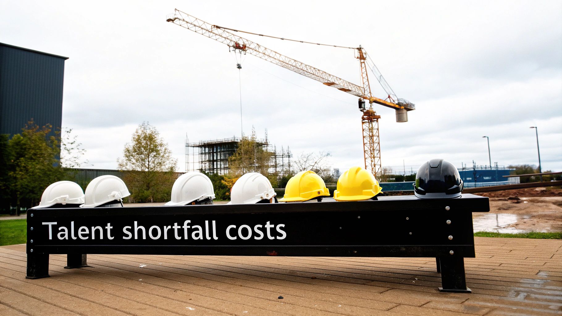 Hard hats on a bench at a construction site with a crane, representing talent shortfall challenges.
