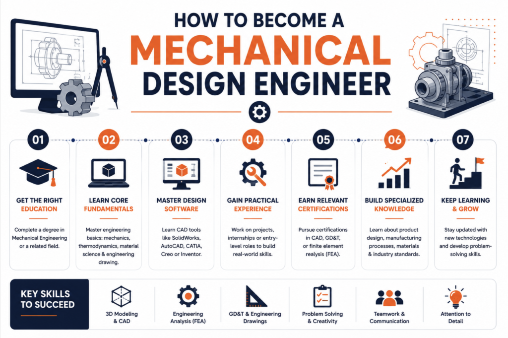 Mechanical Design Engineer career roadmap infographic showing education, CAD software training, practical experience, certifications, and engineering skills.