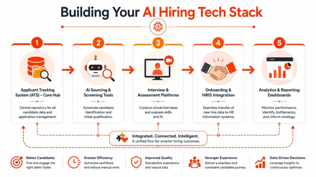 Infographic showing an AI hiring tech stack with ATS, AI sourcing and screening, interview platforms, onboarding integration, and analytics dashboards to streamline high-volume FMCG recruitment workflows.